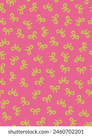 Lime green bow seamless repeat pattern on pink background. Trendy, retro hand drawn, vector ribbon aop, all over surface print. 