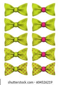 Lime green bow tie with pink dots set realistic vector illustration isolated on white background
