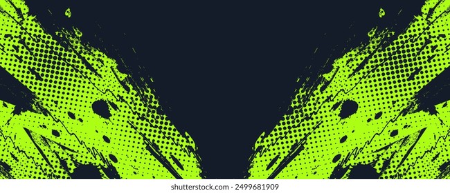 Lime Green Brush Texture with Halftone Effect Isolated on Dark Background. Grunge Sport Background, for Banner or Poster Design