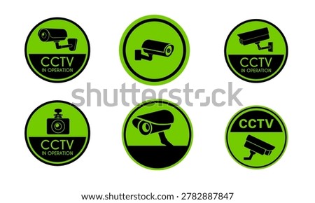 Lime green circular CCTV icons. Security camera round badges. Video surveillance emblem signs. Safety monitoring vector buttons.