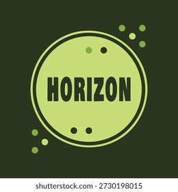 Etiqueta circular verde lima con texto de horizonte y Pequeños acentos de puntos sobre un fondo oscuro