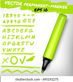 Lime green color open permanent marker pen, handwritten digits set, numerals, figure and alphabet check sign, plus, line.Vector felt-pen illustration 
