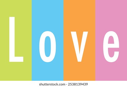 Verde lima cian naranja y rosa claro cuadrados con palabras amor color blanco, Ilustración vectorial de palabras de amor aisladas sobre fondo blanco.