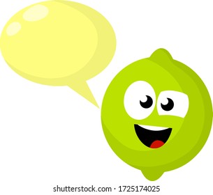 Lime with green face. Funny sour character. Smile and emotion. Healthy fruit with vitamin C. Mascot of product. Cute cartoon flat illustration. Blank bubble for text