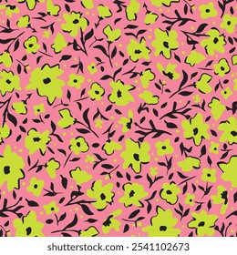 Lime green flowers with leaves seamless repeat pattern on pink background. Random placed, vector botanical aop, all over surface print.