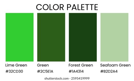 Lime Green, Green, Forest Green, Seafoam Green color palette. Set of bright color palette combination in rgb hex. Color palette for ui ux design. Abstract vector illustration for your graphic design