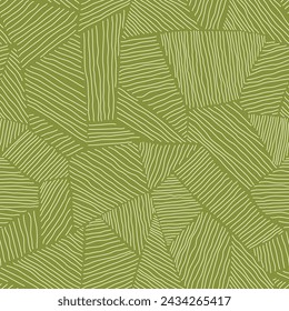 Lime green geometric pattern of hand drawn textured geometric tiles. Seamless doodle background of stripy mosaic fragments