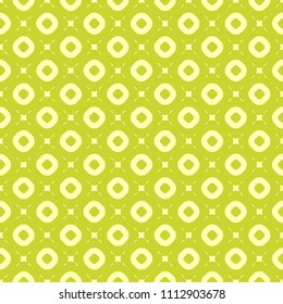 Lime green geometric seamless pattern. Bright colorful funky summer background. Simple vector abstract texture with circles, squares, delicate grid. Fresh design for decoration, fabric, wrapping, web