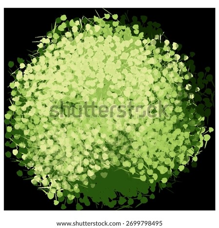 Lime Green Groundcover. A stylized top-down digital illustration of a circular mass of tiny, rounded lime-green leaves and delicate stems, giving the appearance of a dense, finely textured ground cove