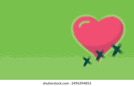 Fondo abstracto del Vector del amor de la muchacha del fanático del grunge verde de la lima con el corazón rosado brillante de Magneta y tres besos del grunge