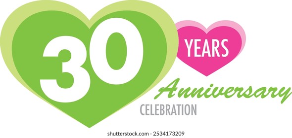 lime green heart shape with number of 20 white color. pink heart shape with words years white color and anniversary celebration, isolated on white background.