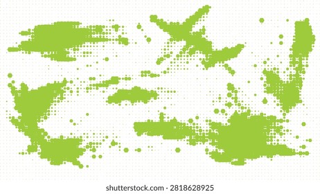 Lime green ink blot and splatter shapes on a white grid halftone background with splatter abstract background