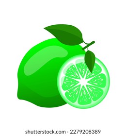 Lime with green leaf and lime sliced.For posters, logos, labels, banners, stickers, product packaging design, etc. Vector illustration.