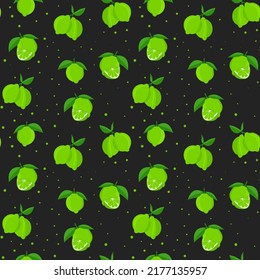 Limpieza con hojas verdes, rodajas de cítricos sobre fondo negro. Patrón sin foco. Ilustración vectorial. patrón tropical