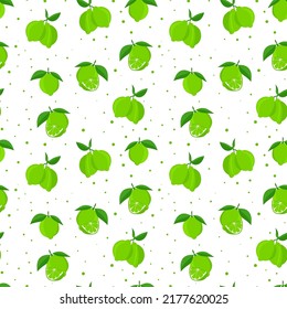 Lime with green leaves, citrus slice on white background. Seamless pattern. Vector illustration. tropical pattern