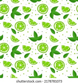 Lime with green leaves, citrus slice on white background. Seamless pattern. Vector illustration. tropical pattern