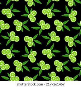 Limpieza con hojas verdes, rodajas de cítricos sobre fondo negro. Patrón sin foco. Ilustración vectorial. patrón tropical