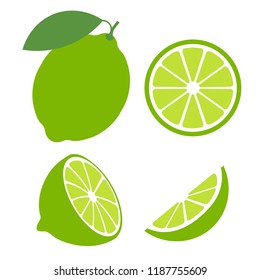 Lime with green leaves isolated on white background. Raw vegetarian food. Lime whole, half and slice vector illustration. Green citrus set icons