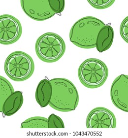 Lime with green leaves, slice citrus white background. Tropical fruits. Raw and vegetarian food. Seamless pattern. Vector illustration.