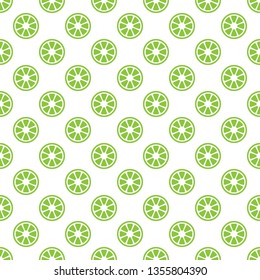 Lime with green leaves, slice citrus isolated on white background. Tropical fruits. Raw and vegetarian food. Vector illustration.