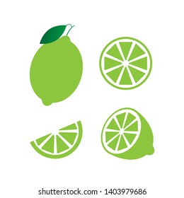 Lime with green leaves, slice citrus isolated on white background. Tropical fruits. Raw and vegetarian food. Vector illustration.