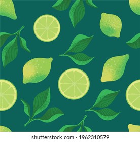 Lime with green leaves, a slice of citrus. Tropical fruits. Vegetarian food. Seamless pattern. Vector illustration