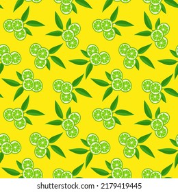 Lime with green leaves, a slice of citrus fruits on a yellow background. Seamless pattern. Vector illustration. tropical pattern