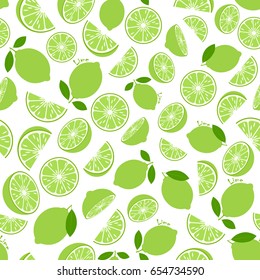 Lime with green leaves, slice citrus white background. Tropical fruits. Raw and vegetarian food. Seamless pattern. Vector illustration. 