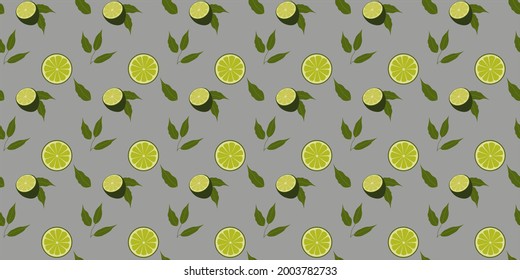 Lime and green lemon seamless pattern. Beautiful vector seamless pattern with lemon and lime slices on a gray background. Suitable for wallpapers, web page backgrounds, surface textures, textiles.