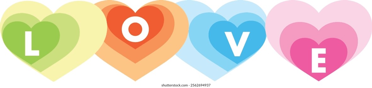 lime green orange cyan and pink heart shape with word love white color, isolated on white background.