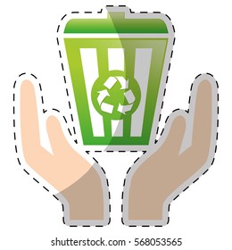 Lime green recycleng basket with hands, vector illustration image