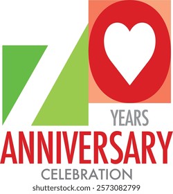 lime green and red with white heart shape number 70 and word years anniversary celebration are at the bottom.