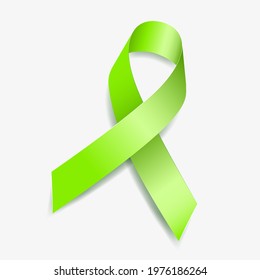 Lime green ribbon awareness Achalasia, Depression, Lymphoma, Mental Health, Lyme Disease. Isolated on white background. Vector  illustration.
