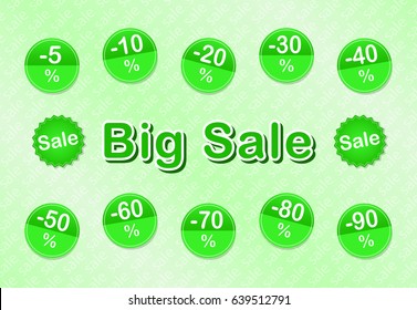 Lime Green Round Big Sale tags with Sale up to five nine percent text. Discount labels. Vector