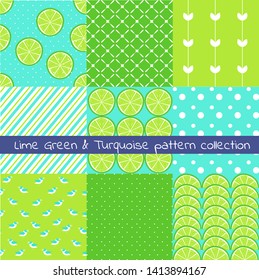 Lime green and turquoise pattern collection. Vector texture, print,paper