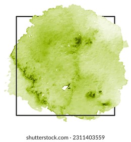 Lime green watercolor brush strokes over square frame. Aesthetic background. Aquarelle stain with color shades paint stroke and splash texture. Art paint template for headline, logo, sale banner.