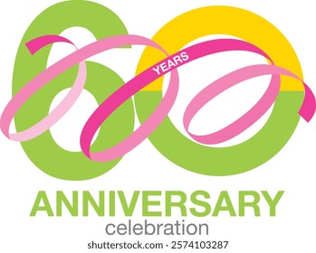 lime green and yellow color number 60 and pink confetti with word year white color and word anniversary lime green color at the bottom.