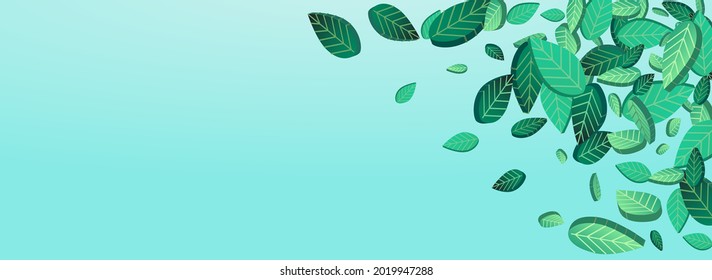 Lime Greens Realistic Vector Panoramic Blue Background Background. Spring Foliage Design. Swamp Leaf Fresh Illustration. Leaves Nature Banner.