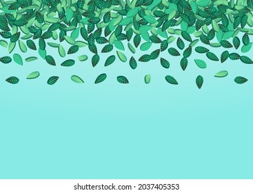 Lime Greens Tree Vector Blue Background Border. Herbal Leaves Concept. Mint Foliage Abstract Wallpaper. Leaf Wind Poster.