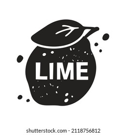Lime grunge sticker. Black texture silhouette with lettering inside. Imitation of stamp, print with scuffs. Hand drawn isolated illustration on white background
