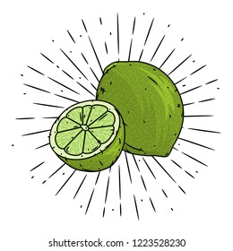 Lime. Hand drawn vector illustration with Lime fruit and divergent rays. Used for poster, banner, web, t-shirt print, bag print, badges, flyer, logo design and more. 