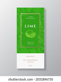 Lime Home Fragrance Abstract Vector Label Template. Hand Drawn Sketch Flowers, Leaves Background and Retro Typography. Premium Room Perfume Packaging Design Layout. Realistic Mockup. Isolated.