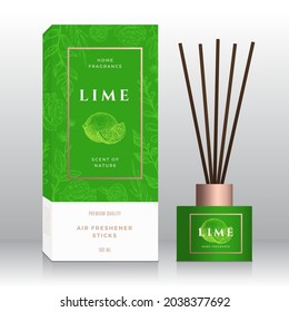 Lime Home Fragrance Sticks Abstract Vector Label Box Template. Hand Drawn Sketch Flowers, Leaves Background. Retro Typography. Room Perfume Packaging Design Layout. Realistic Mockup. Isolated.