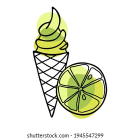Cono de helado de cal. Cortar fruta de limón con helado en cono de gofre. Esbozo dibujado a mano con fondo verde brillante. Frutos cítricos y delicioso postre congelado Vector Ilustración. Comida dulce de verano