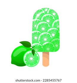 Lime Ice Cream. Sweet delicious frozen summer dessert. For sticker and t shirt design, posters, logos, labels, banners, manu, product packaging design, etc. Vector illustration.