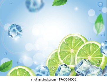 Lime and ice cubes background. Fresh Mojito cocktail ads with lime slice and ice falling in blue shiny background, 3d design poster.