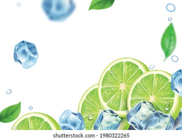 Lime and ice cubes background. Mojito cocktail ads with lime slice falling in ice on white or transparent background.