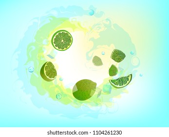 Lime and ice cubes on blue background. Summer cocktail with lime.