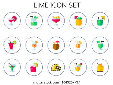 lime icon set. 15 flat lime icons. Included Cocktail, mojito, cocktail, cocktails, lemon icons