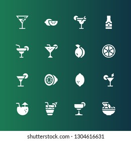 lime icon set. Collection of 16 filled lime icons included Tom yum, Cocktail, Lemon, Margarita, Tequila